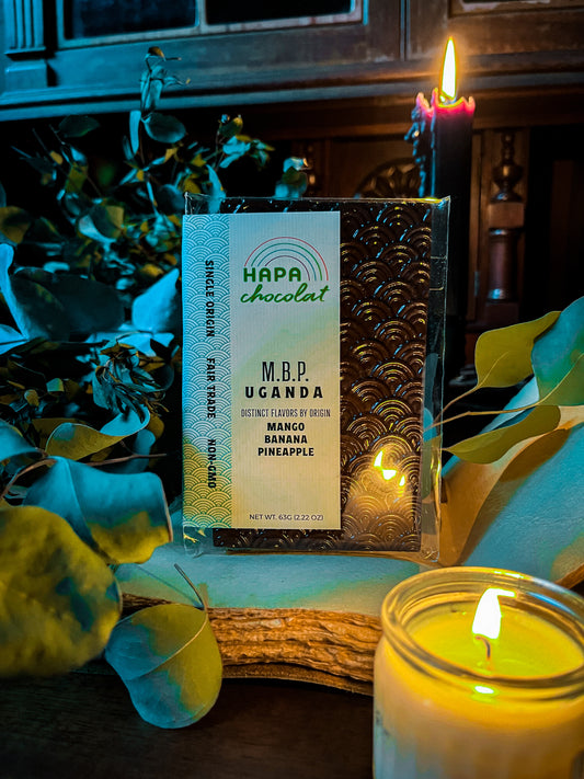 A dark chocolate bar on top of a notebook surrounded by lit candles and dried leaves.